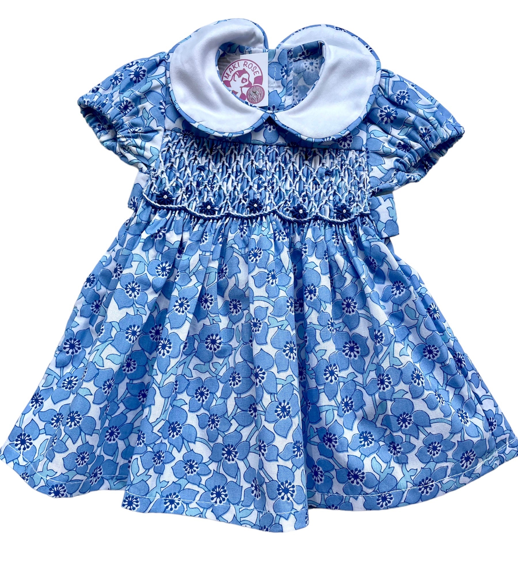 Robe smocks Poupée "Charlotte" à Fleurs Bleues