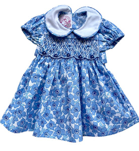 Robe smocks Poupée "Charlotte" à Fleurs Bleues