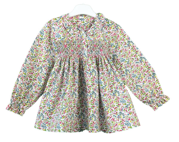 Blouse smock brodé Maki Rose Manches Longues Liberty Fleurs Fruits Multicolores Arc en ciel Enfant Fille