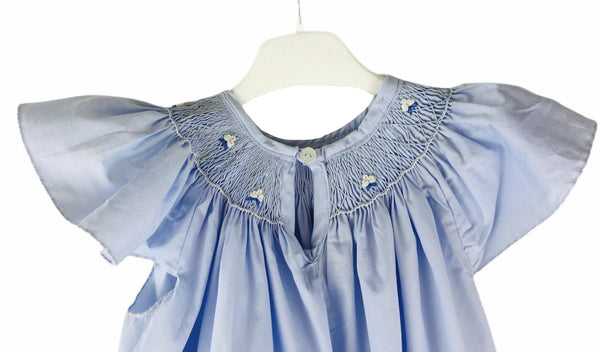 Chemise de nuit Robe smocks Maki Rose brodé main Madagascar Bleu Enfant Fille