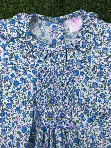 Blouse smockée "Piso" Manches Longues à Fleurs Bleues