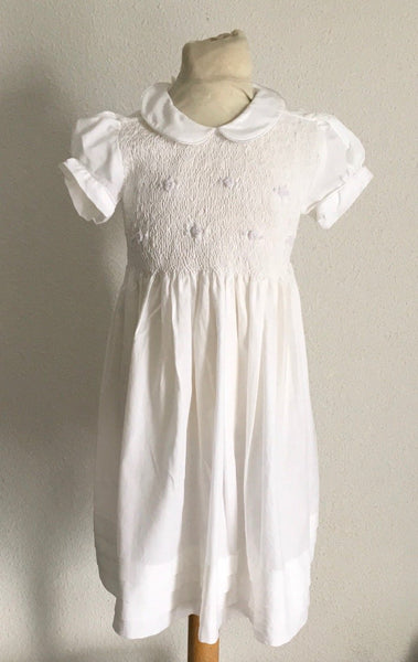 Robe Manches Ballon Col Claudine smocks brodé Maki Rose Blanc Cérémonie Baptême Communion Mariage