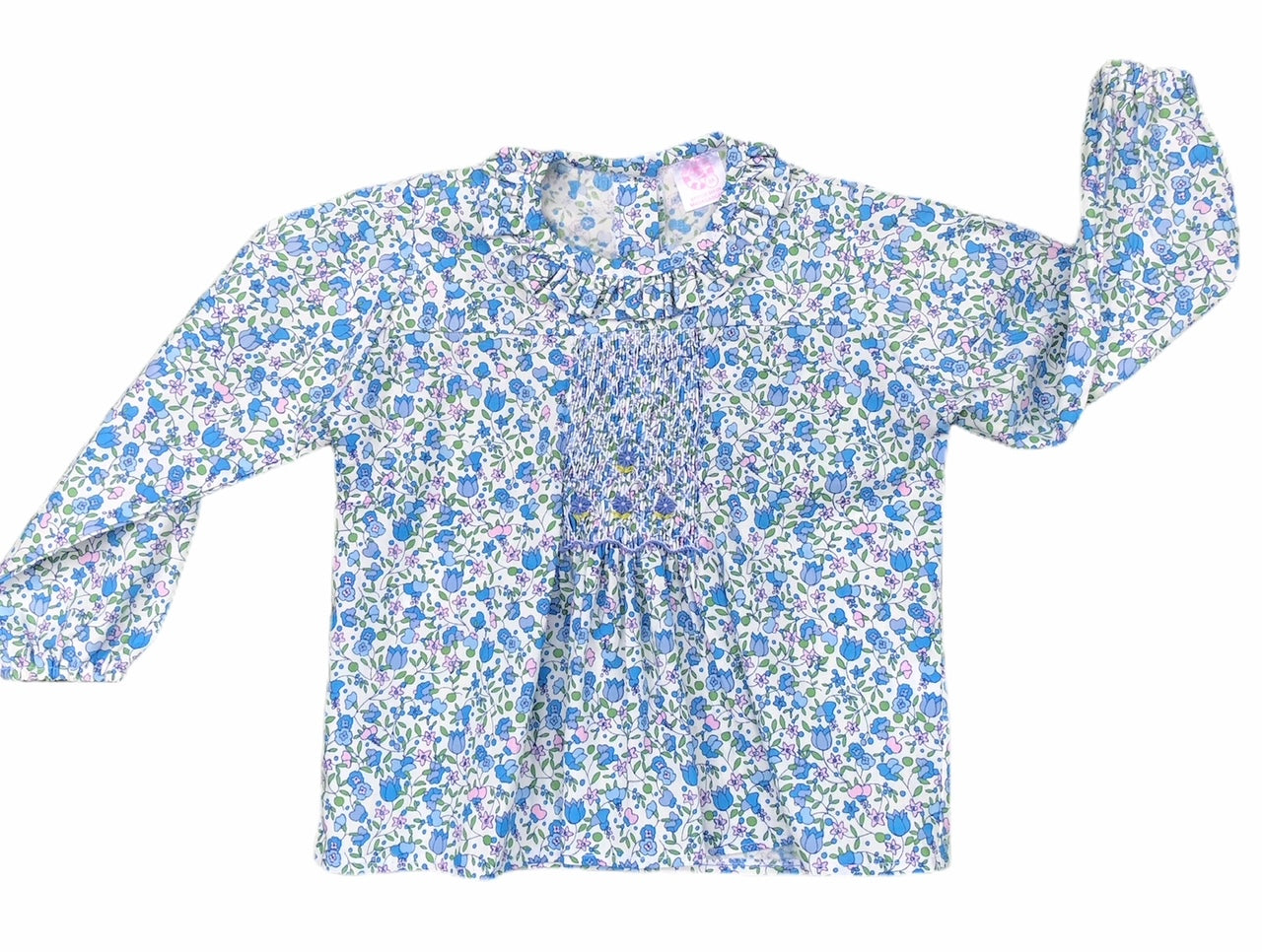 Blouse smockée "Piso" Manches Longues à Fleurs Bleues