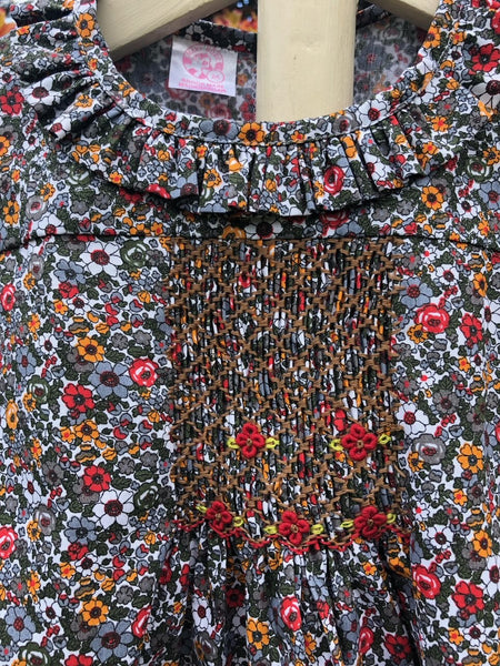 Blouse smockée "Autumn" Manches Longues à Fleurs Rouge, Orange, Gris