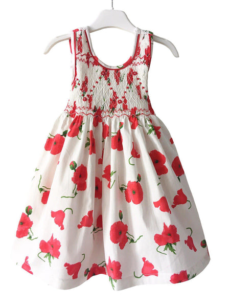 Robe smocks enfant fille coquelicots sur fond blanc