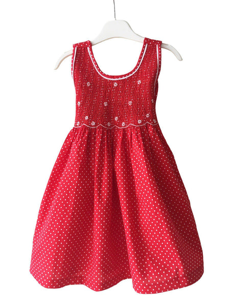 Robe smocks enfant fille rouge à petits pois blancs fraise