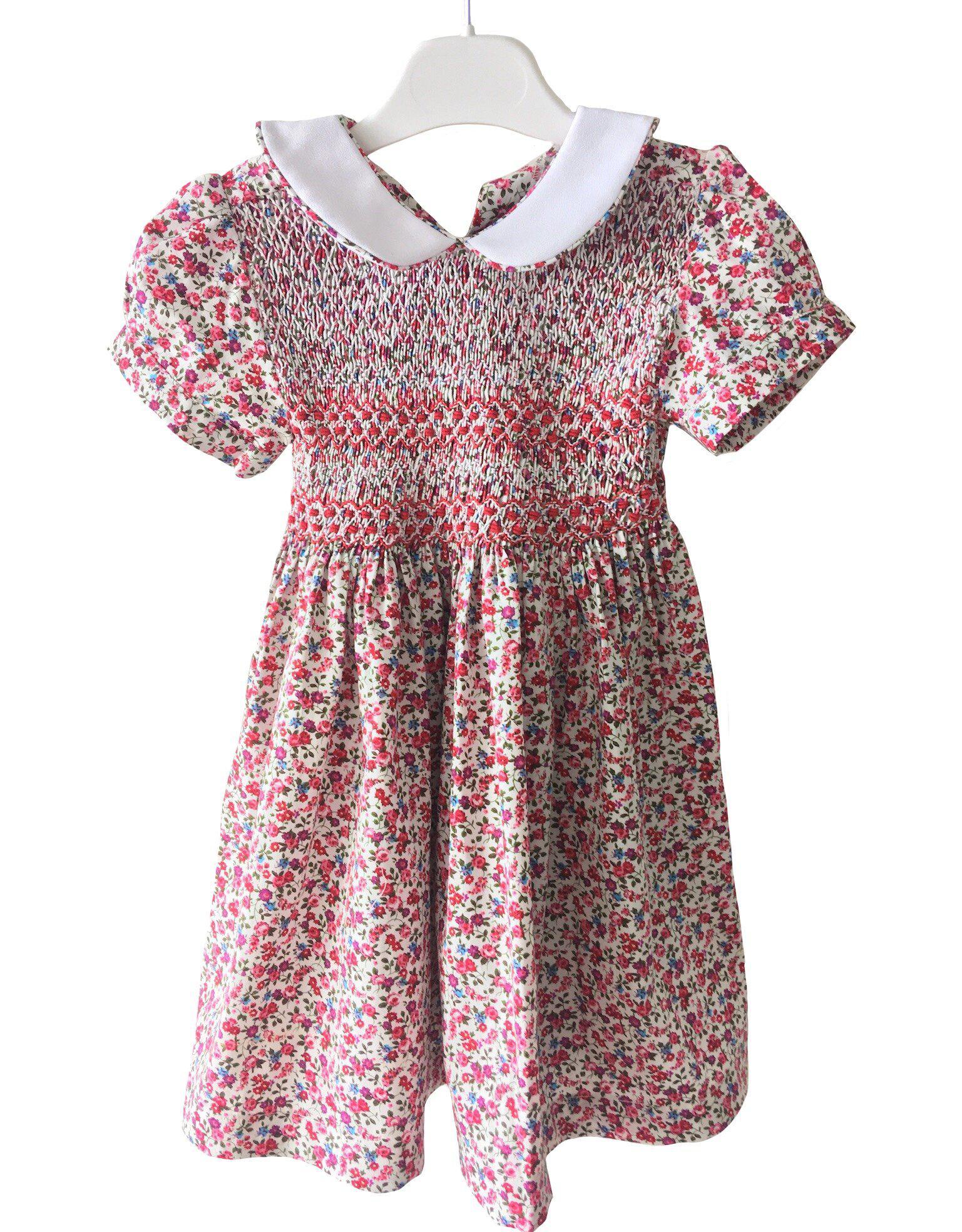 Robe smocks Maki Rose Madagascar enfant fille manches ballons col claudine fleurs