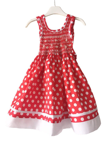 Robe smocks enfant fille rouge à gros pois blancs bas de robe blanc brodé main