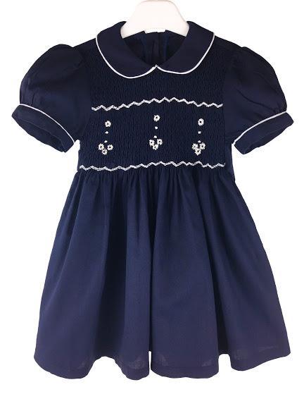 Robe smocks enfant fille col claudine manches ballons bleu marine