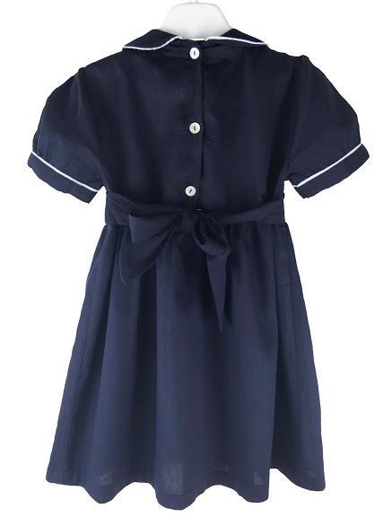 Robe smocks enfant fille bleu marine col claudine manches ballons dos boutonné