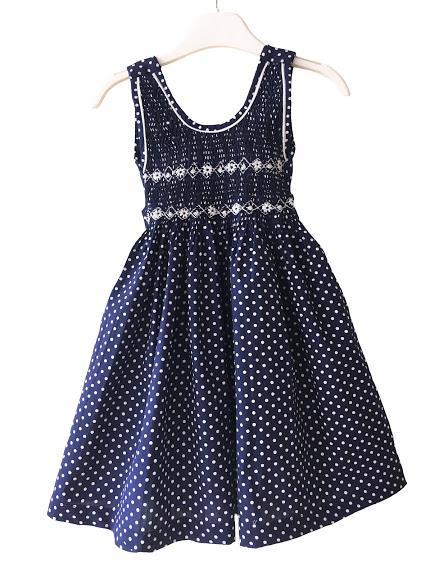 Robe smocks enfant fille bleu marine petits pois blancs