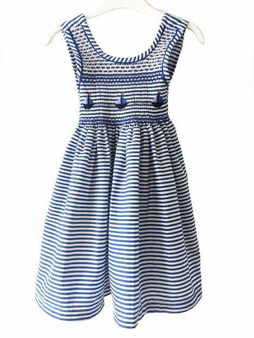 Robe enfant fille rayures bleu marinière marin broderies bateau 