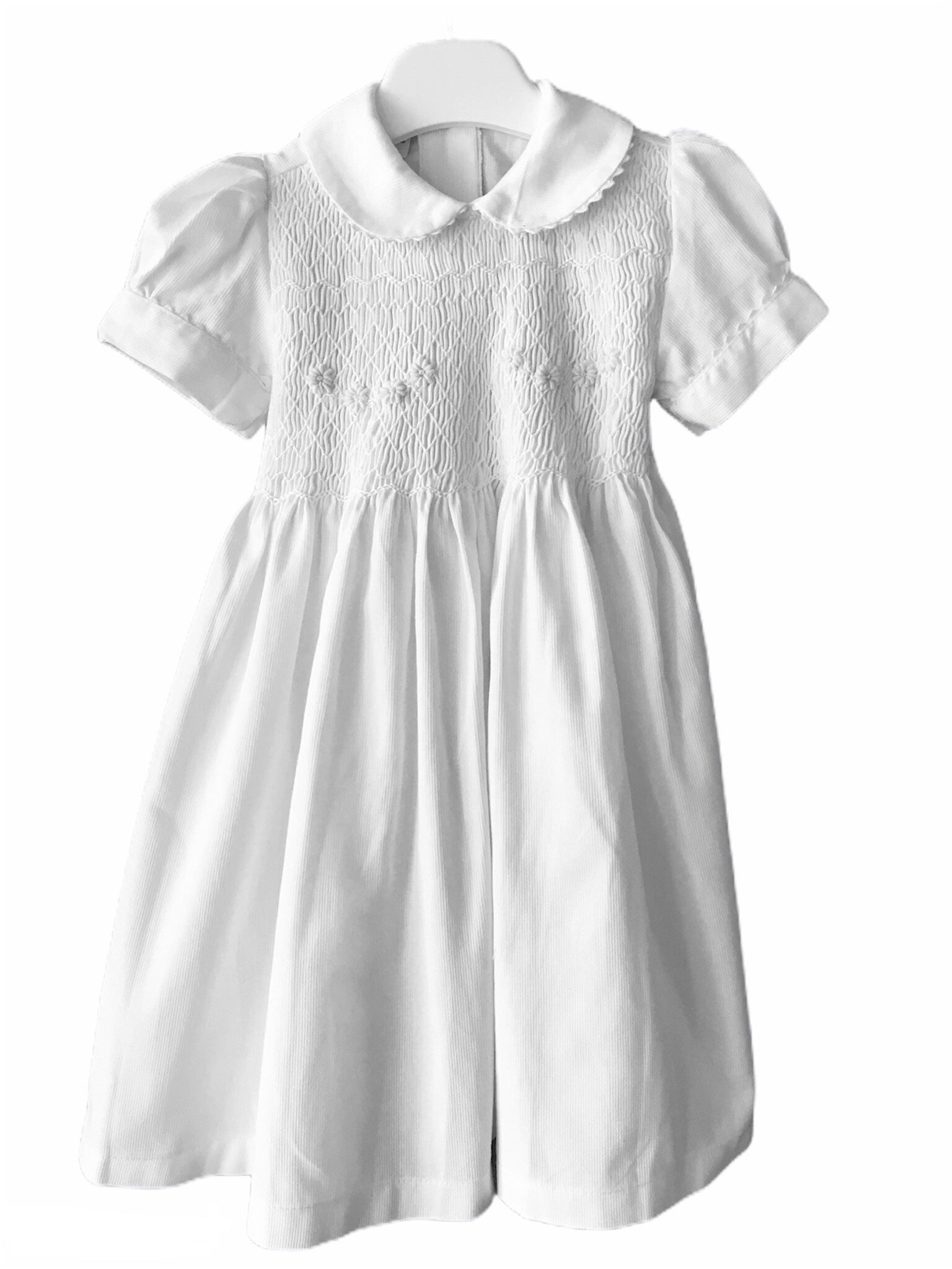 Robe Manches Ballon Col Claudine smocks brodé Maki Rose Blanc Cérémonie Baptême Communion Mariage