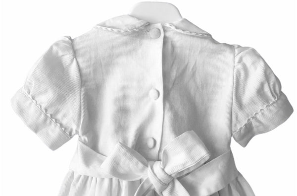 Robe Manches Ballon Col Claudine smocks brodé Maki Rose Blanc Cérémonie Baptême Communion Mariage