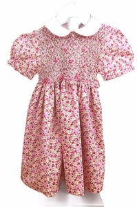 Robe smocks "Tendresse" Manches Ballons col claudine à Fleurs Rose - Maki Rose