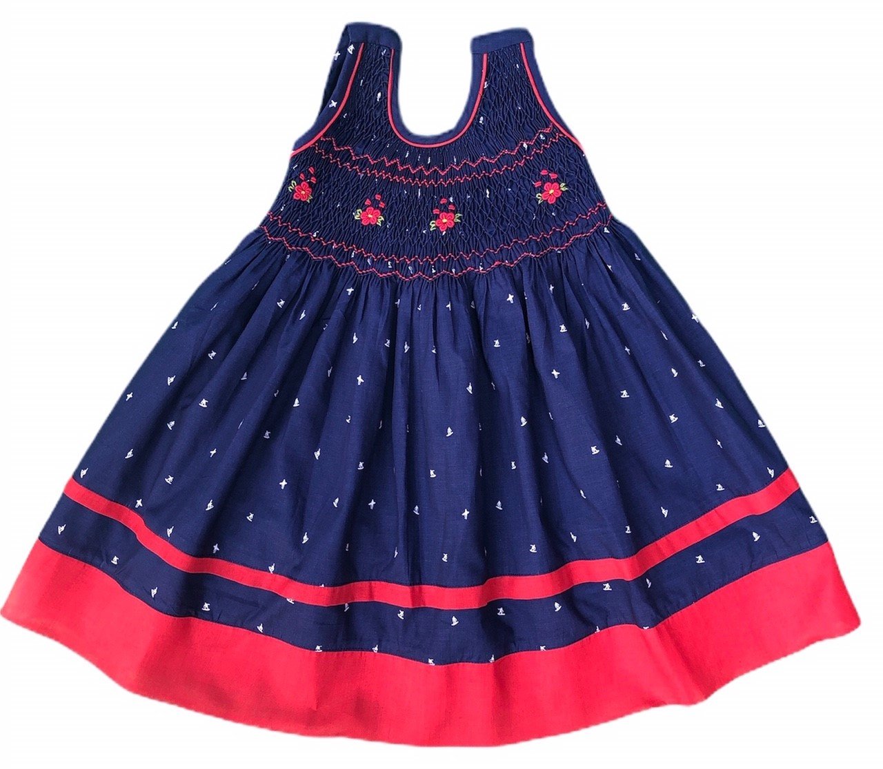 Robe smocks brodé main Maki Rose Madagascar Bleu marine Enfant Fille Rouge