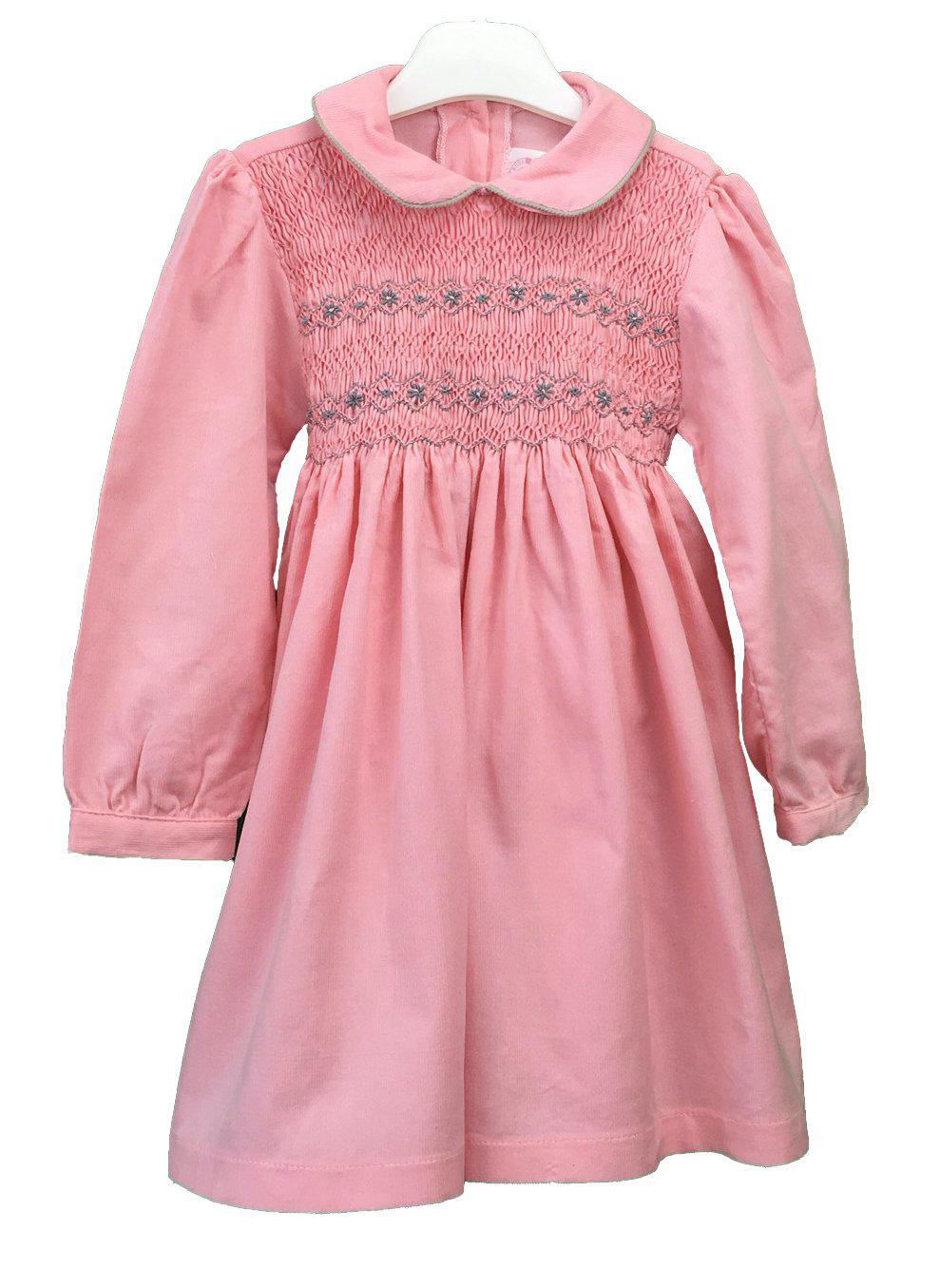 Robe smocks brodé main velours manches longues col claudine hiver rose et gris