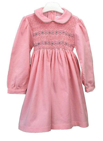 Robe smocks brodé main velours manches longues col claudine hiver rose et gris