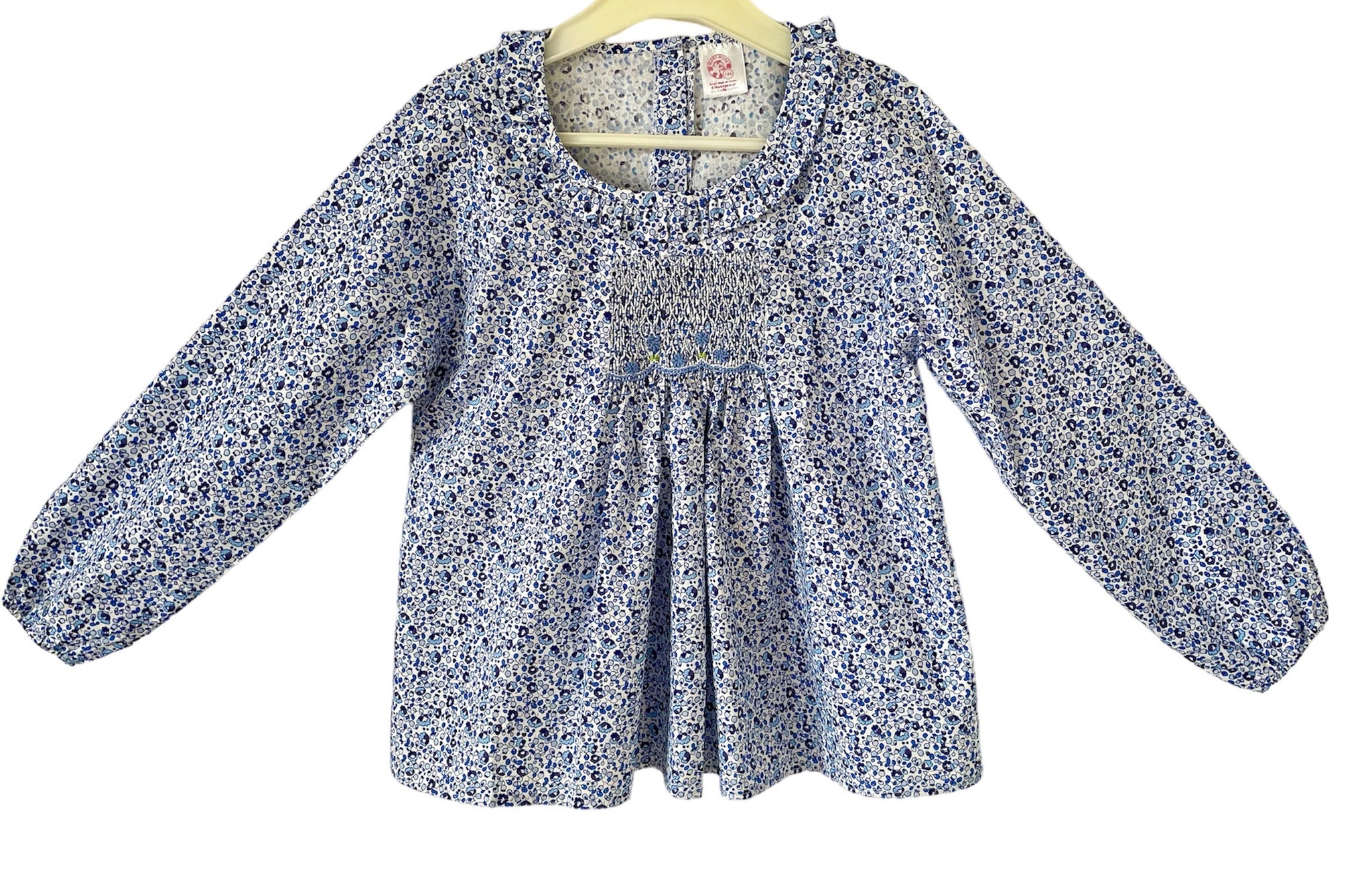 Blouse smockée Manches Longues à Fleurs Bleues