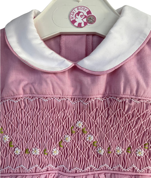 Barboteuse smocks "Amaryllis" Rose col blanc