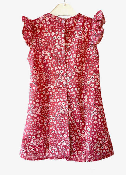 Robe Blouse smockée "Rubis" à Fleurs Blanches sur Rouge