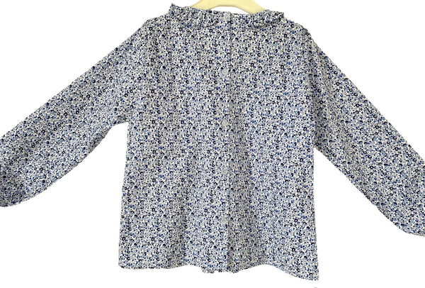 Blouse smockée Manches Longues à Fleurs Bleues