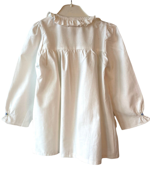 Blouse smockée Manches Longues Blanche à broderies bleues