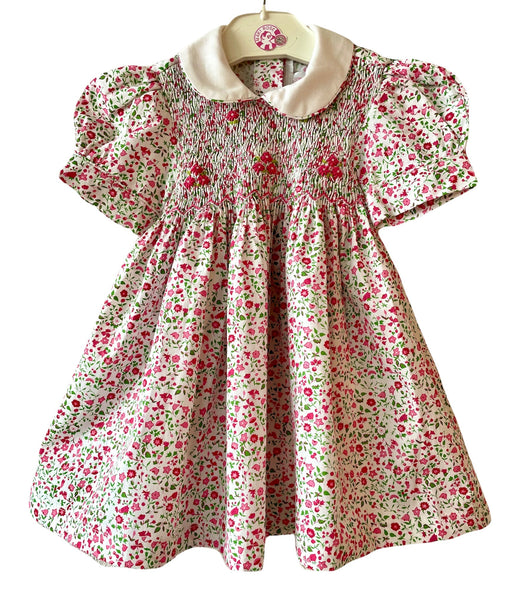 Robe smocks "Printemps" Manches Ballons col claudine à Fleurs Rose