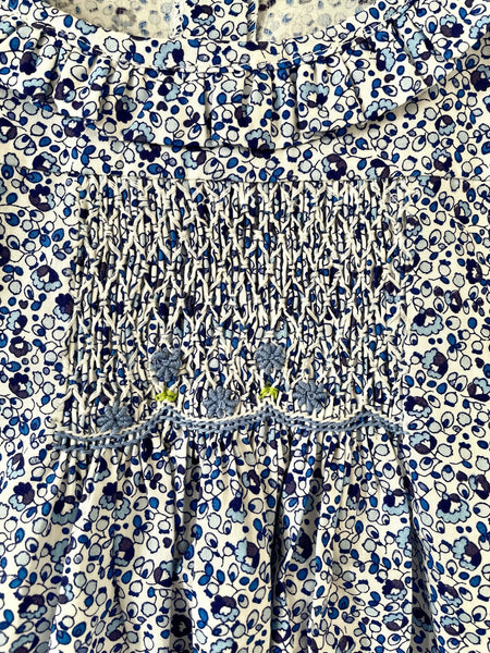 Blouse smockée Manches Longues à Fleurs Bleues