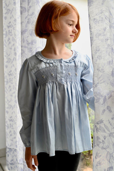 Blouse smockée "Beryl" Manches Longues Bleu ciel