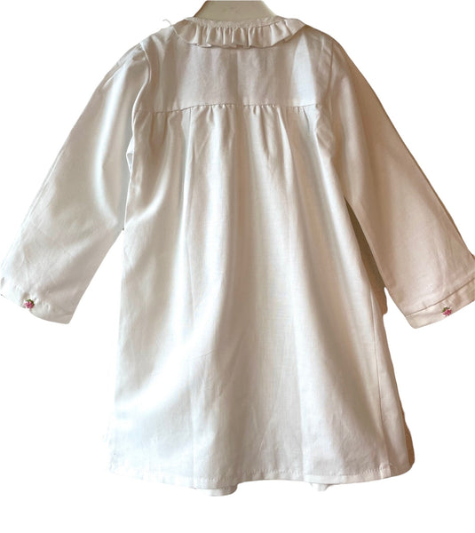 Blouse smockée Manches Longues Blanche à broderies roses