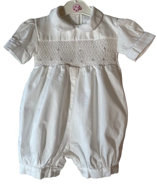 Barboteuse smocks "Baptême" Blanc broderies blanches